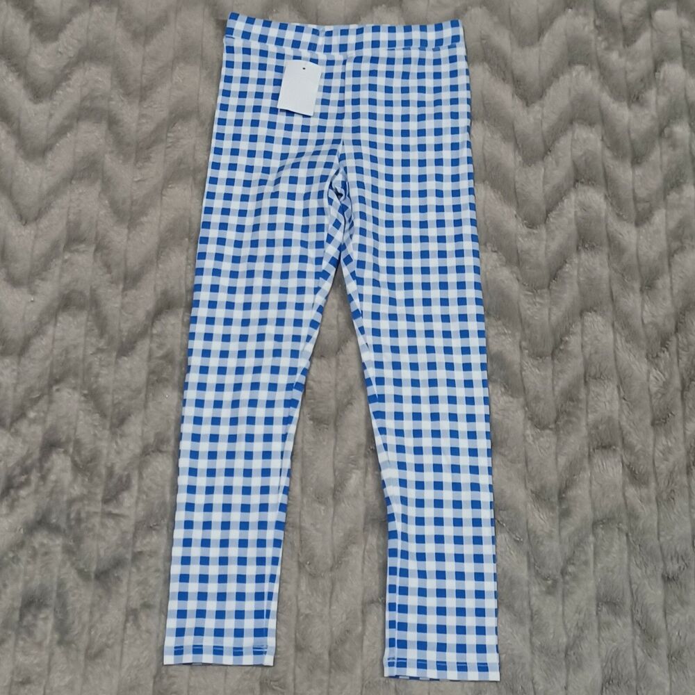 Crewcuts Youth Girls Size 7 Blue White Plaid Full Length Leggings NWT